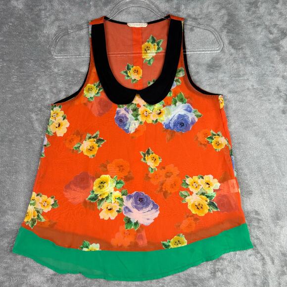 Lush Orange Floral Sleeveless Blouse Women’s XS Sheer Button Back Top - Picture 2 of 7